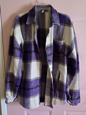 Plaid Button-Front Shacket in Purple and Cream